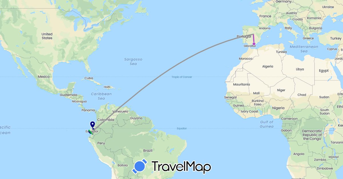 TravelMap itinerary: driving, bus, plane, train in Ecuador, Spain (Europe, South America)